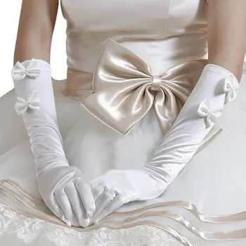 1 Пара женских свадебных белых свадебных длинных перчаток с двойным бантом из искусственного жемчуга
