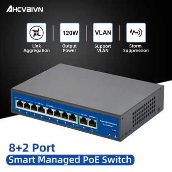 10-портовый Коммутатор POE Ethernet 52V VLAN 10/100 Мбит/с Стандарта IEEE 802.3 Af/at Сетевой коммутатор для IP-камеры видеонаблюдения Беспроводной точки доступа 250M