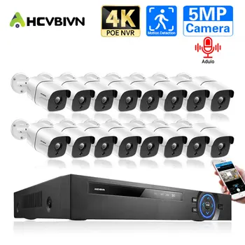 16CH 4K POE NVR Система Видеонаблюдения Наружная Водонепроницаемая Аудио 5MP POE CCTV Камера Комплект Системы Безопасности P2P 8CH XMEYE IP Cam Set
