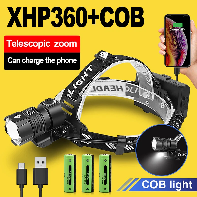 XHP360 Высокомощный светодиодный налобный фонарь USB Перезаряжаемый налобный фонарь Супер яркая мощная фара 18650 Водонепроницаемый фонарь для рыбалки