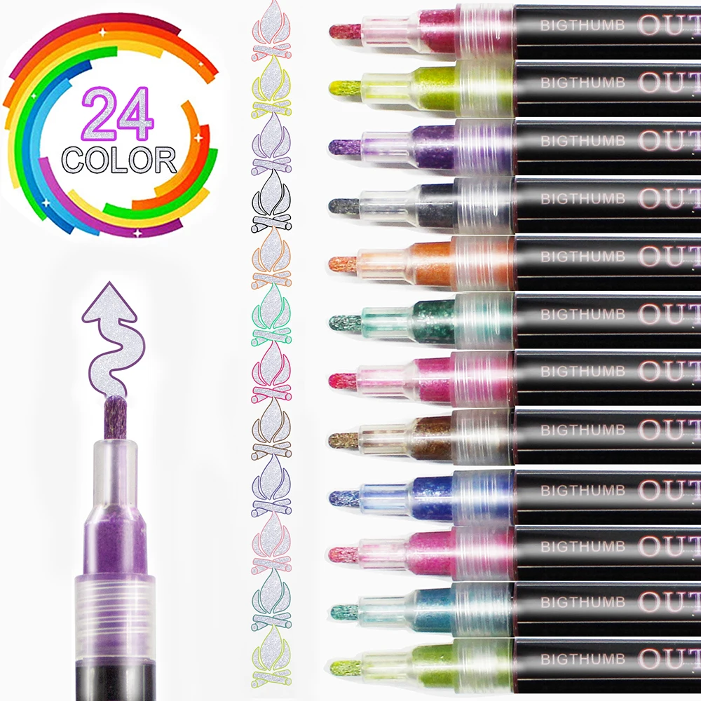 Набор ручек с двойной линией 24/12 цвета, металлическая цветная подсветка, волшебный маркер для художественного письма, школьные принадлежности