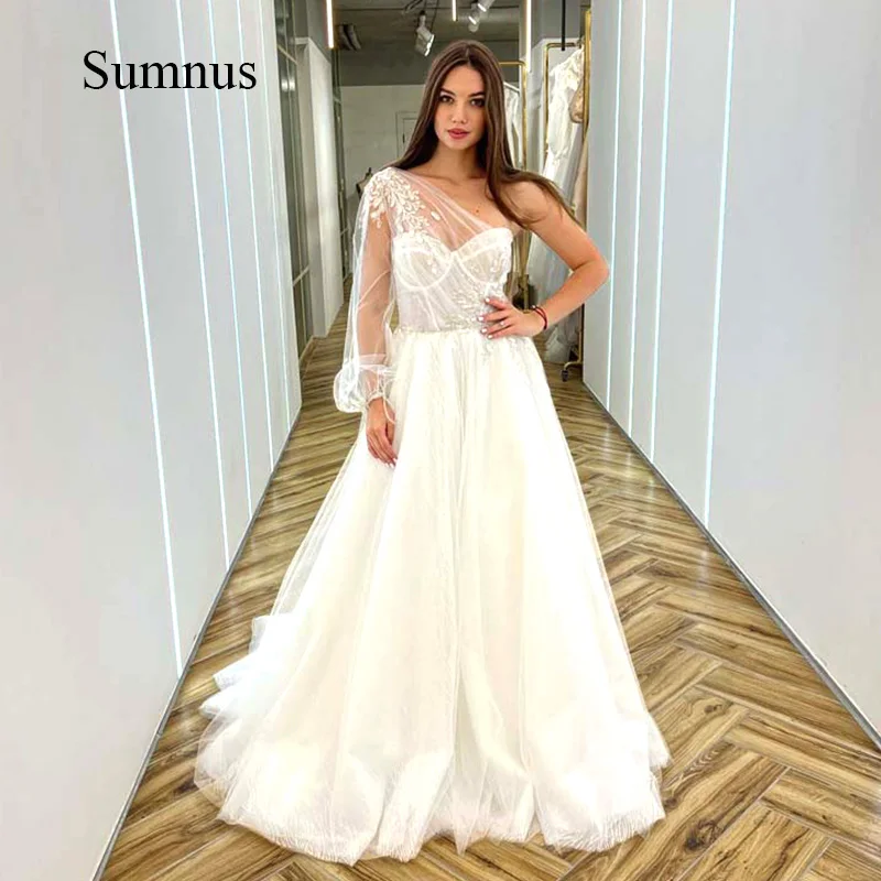 Sumnus Свадебное платье на одно плечо с аппликацией в виде сердечка, тюлевое платье невесты, Свадебные платья трапециевидной формы на молнии, Элегантные Vestidos De Novia