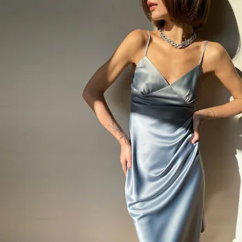 2022 Женское атласное сексуальное платье с глубоким V-образным вырезом, однотонная прямая пижама, вечернее платье, Элегантное женское летнее платье на бретельках, повседневное