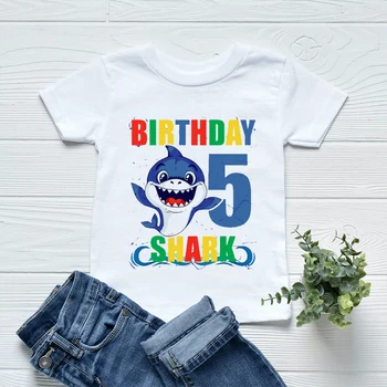 2022 Футболка Для мальчиков с милой акулой, Подарок на День Рождения, Номер от 1 до 10 Лет, Детский Праздничный Костюм с Принтом, Модная футболка Для девочек, Топы