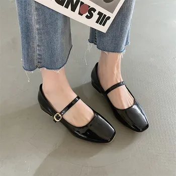 2023, весенне-осенняя женская обувь Mary Janes, модельные туфли из лакированной кожи на низком каблуке, кроссовки с квадратным носком и неглубокой пряжкой для женщин