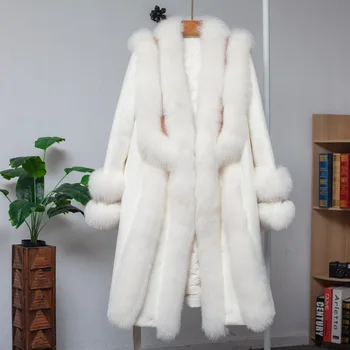 2023 Зимняя Длинная куртка На Гусином пуху, Меховое Пальто, Женское Двустороннее кашемировое Пальто