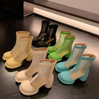 2023 Летние женские крутые ботинки Модные ботильоны с круглым носком и застежкой-молнией на круглом каблуке, ботильоны с вырезами из сетки на каблуке, цветные сетчатые сандалии