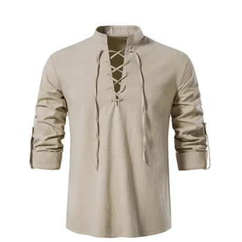 2023 Новая Мужская рубашка с V-образным вырезом, футболка, Модный Винтажный Тонкий Топ с длинным рукавом, Мужские Повседневные Дышащие Мужские Рубашки на Шнуровке с Викингом Спереди