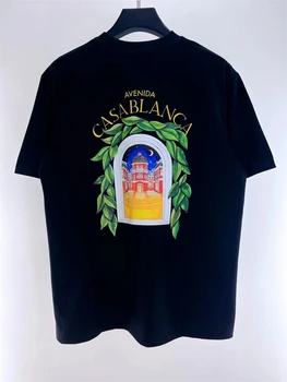 2023ss Футболка Casablanca с принтом замка для мужчин и женщин, негабаритные черно-белые футболки с коротким рукавом