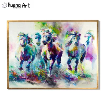3D Красочные изображения животных Картина маслом Олень Осел Настенное искусство Картина ручной работы Семь лошадей Бегущая Настенная живопись на холсте