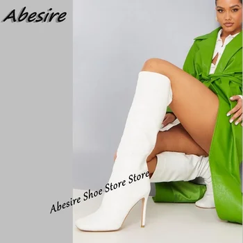 Abesire/ Длинные сапоги; Белые Сапоги до колена без шнуровки с квадратным носком; Женские ботинки на тонком высоком каблуке; Новая однотонная модная осенне-зимняя обувь;