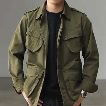 Amekaji, винтажная полевая куртка M43, мужская Армейская зеленая куртка с отворотом и несколькими карманами, Весенне-осеннее повседневное пальто-кардиган