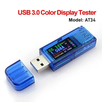 AT34 USB 3,0 Цветной ЖК-вольтметр, Амперметр, Измеритель напряжения, тока, Мультиметр, заряд батареи, Блок питания, USB-тестер, НОВИНКА