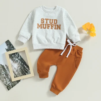 BeQeuewll/Комплект Одежды для малышей из 2 предметов, Толстовка с длинными рукавами и эластичными штанами с буквенным принтом, Весенне-осенняя Одежда для Малышей
