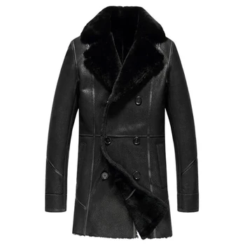 Denny & Dora Мужское кожаное пальто с меховой подкладкой, черная кожаная куртка, мужская куртка из овечьей кожи
