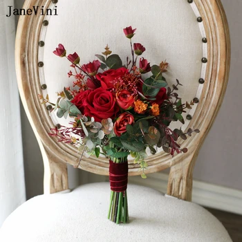 JaneVini 2023 Потрясающие красные цветы для свадьбы, Букеты для подружек Невесты, Искусственные Шелковые розы, Поддельный Букет, Свадебные Аксессуары