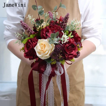 JaneVini Винтажные Бордовые Свадебные Букеты Ручной работы, Шелковые Розы в стиле кантри, Свадебный Поддельный Букет, Подружка Невесты с цветами в руках