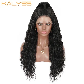 Kalyss 32 Дюйма, Натуральный черный Вьющийся Синтетический Парик с длинными Предварительно заплетенными в хвост кружевом с детскими волосами для женщин