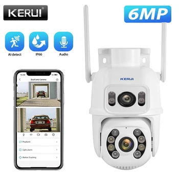 KERUI 6-Мегапиксельная PTZ-WIFI Камера с двойным объективом, Автоматическое отслеживание AI Human Detect, Двухэкранная Беспроводная камера наружного наблюдения Icsee APP