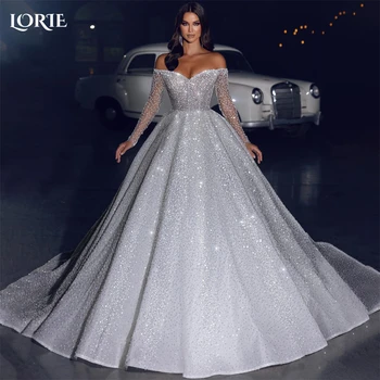 LORIE Arabia/ Свадебные платья Принцессы с блестками, Свадебные Платья с открытыми Плечами и Длинными Рукавами, Праздничное платье Невесты в Дубае Трапециевидной Формы