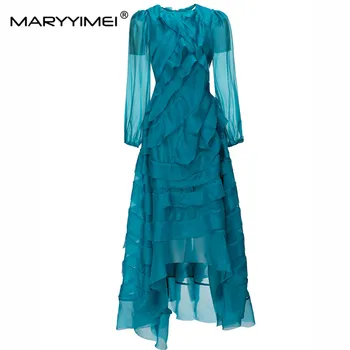 MARYYIMEI, Синее асимметричное платье с рукавами-фонариками и рюшами, весна-осень, Новые праздничные Элегантные длинные платья 2023