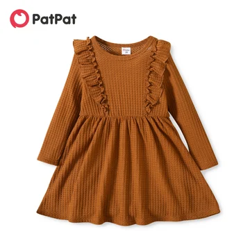PatPat/ Платья для маленьких девочек, Детские платья для девочек, Однотонное платье с оборками и длинными рукавами, Рыжее или коричневое платье, Одежда для маленьких девочек