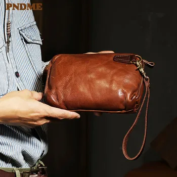 PNDME высококачественная мужская сумка-клатч из натуральной кожи, деловая повседневная простая винтажная сумка из мягкой натуральной воловьей кожи для подростков, кошелек для телефона