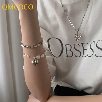 QMCOCO, Браслеты-цепочки серебристого цвета для женщин, Летние Новые Модные Простые Элегантные украшения с Жемчугом в форме Сердца для Вечеринок, подарки