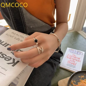 QMCOCO Простое Серебряное Регулируемое Открытое кольцо Модного Креативного черного камня с геометрическим Рисунком на День Рождения, женский Ювелирный подарок