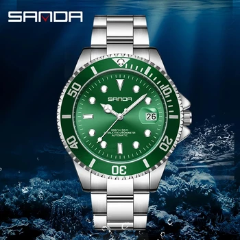 SANDA Green Water Ghost Новые мужские часы Механические Часы из нержавеющей Стали Модный Простой циферблат Календарь Светящийся 30 м Водонепроницаемый