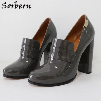 Sorbern/ Серые Блестящие женские туфли-лодочки Унисекс на высоком блочном каблуке EU48, без застежки с круглым носком, Фетиш на массивном каблуке, Нестандартные цвета