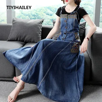 TIYIHAILEY, Бесплатная доставка, Модное летнее джинсовое платье без рукавов с вышивкой, Женское Длинное платье Макси M-2XL, винтажное платье на бретельках