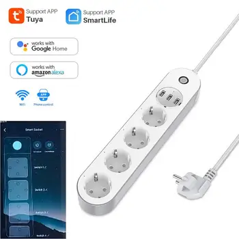 Tuya WiFi Power Strip С кабелем длиной 1,5 м, 4 штекера ЕС, 3 USB-порта для зарядки, приложение Smart Life для управления синхронизацией, Работа С Alexa Google Home