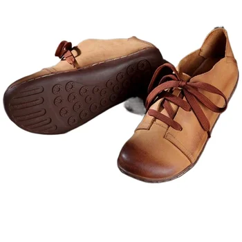 Whensinger - Женская обувь на плоской подошве, Удобная обувь для вождения, лоферы с вентиляцией и круглым носком, Повседневная обувь из натуральной кожи с галстуком на плоской подошве