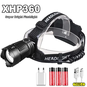 XHP360 высокомощный светодиодный налобный фонарь 5000000LM, супер яркий наружный фонарь, дальнобойная тактическая фара на 3000 м, аварийный блок питания