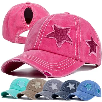 Y2K Star Snapback Шляпы Из Промытого Денима с Дырками в виде Звезды Бейсболка Женская Мужская Винтажная Вышивка Пентаграмма Хлопок Мягкий Топ Шляпы С Конским Хвостом