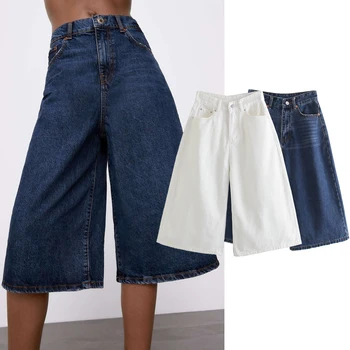 ZA 2021, новые летние женские модные Свободные джинсовые шорты, Женские прямые брюки с высокой талией, повседневные брюки, однотонные джинсовые шорты