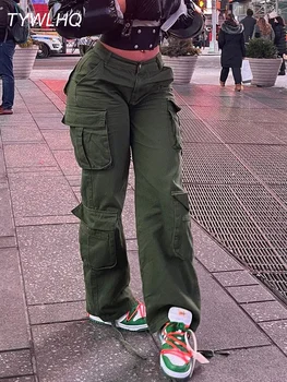 Армейские зеленые Брюки-карго, Мешковатые джинсы, Женская модная уличная одежда с карманами, Прямые повседневные винтажные джинсовые брюки с высокой талией, Комбинезоны