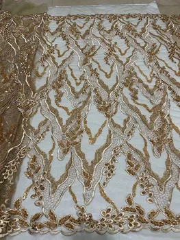 Африканская бархатная кружевная ткань с блестками Новейшая Золотая высококачественная нигерийская вышитая африканская кружевная ткань 5 ярдов для вечернего платья