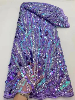 Африканская Сетчатая Кружевная ткань, Новая Высококачественная Фиолетовая Кружевная ткань из тюля в нигерийском стиле с вышивкой пайетками Для Пошива свадебного платья