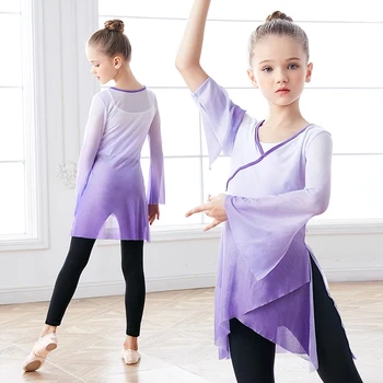 Балетные танцевальные топы из мягкой сетки для девочек Градиентного цвета, детская балетная верхняя одежда с расклешенными рукавами и V-образным вырезом, танцевальная одежда