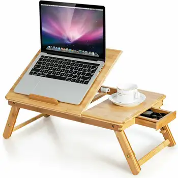 Бамбуковый стол для ноутбука с многопозиционным регулируемым Подносом для кровати с выдвижным ящиком для отвода тепла