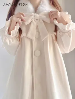 Белое шерстяное пальто в стиле Лолиты, женское теплое пальто с милым меховым воротником в стиле Рохиты, Женское зимнее утолщенное пальто