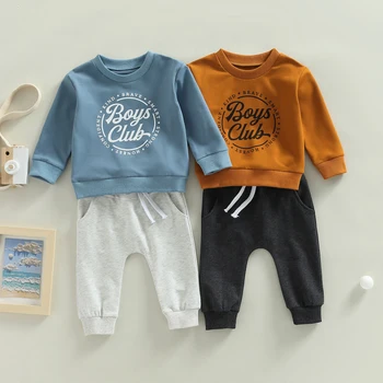 Бесплатная доставка, Комплект одежды из 2 предметов для маленьких мальчиков, толстовки с длинными рукавами и буквенным принтом, топы, однотонные штаны, детский комплект