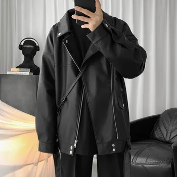 Весенняя популярная Черная кожаная куртка, мужские модные Свободные мотоциклетные куртки, мужская уличная куртка-бомбер в стиле Дикий хип-хоп, мужская верхняя одежда