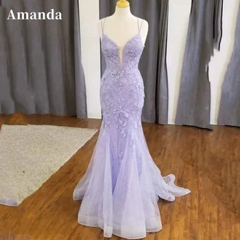 Вечернее платье Amanda фиолетового Цвета с кружевной вышивкой, Милое Платье для выпускного вечера в стиле Русалки 2023, сексуальное вечернее платье на бретельках-спагетти