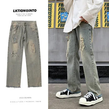 Винтажные рваные джинсы, мужской стиль, уличный хип-хоп тренд, свободные повседневные поношенные широкие брюки, брюки-карго