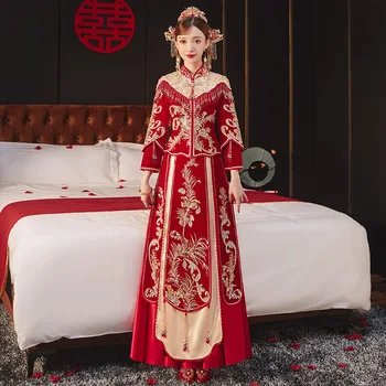 Винтажный Восточный Цветок, Вышитый бисером, свадебный костюм с драгоценным камнем, Китайский Традиционный свадебный Ципао для Невесты, Жениха