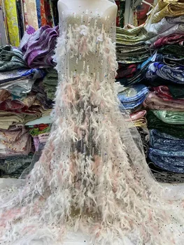 Высококачественная Африканская Нигерийская Кружевная цветочная ткань для Свадьбы С бисером, вышивкой перьями жениха, Французские кружевные ткани для шитья QF0809
