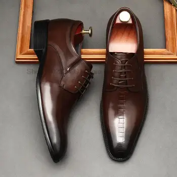 Высококачественная Итальянская мужская модельная обувь из натуральной кожи, Черные Кофейные Оксфорды, Мужские Свадебные туфли, Вечерние Официальные туфли Цельного кроя Для мужчин
